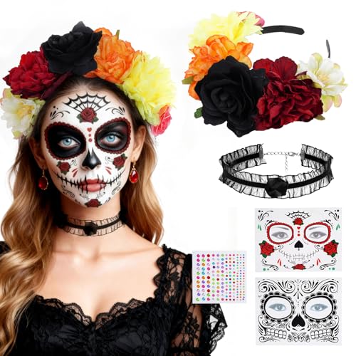 Halloween Dia De Los Muertos Haarreif Kostüm, Halloween Tag der Toten Gesichtstattoo Haarschmuck Rosen Totenkopf Deko Stirnband Fasching Damen Accessoires für Party Cosplay Kostüm von Lufdegim