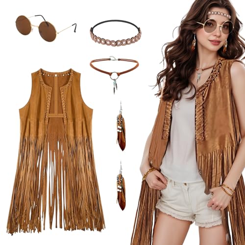 Hippie Kleidung Damen, Cowgirl Kostüm Damen Fransen ärmellos Weste 60er 70er Jahre Hippie Kostüm Karneval Kostüm Hippie Frau Fransenweste Hippie Accessoires für Karneval Hallowee FaschingsKostüm (L) von Lufdegim