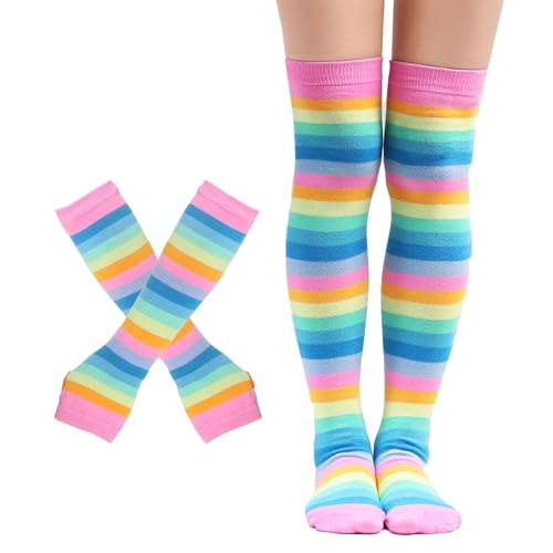 Kniestrümpfe Regenbogen Streifen Oberschenkel Hohe Fingerlose Handschuhe Set, Regenbogen Ringelsocken Karneval Kostüm (DE/NL/SE/PL, Alphanumerisch, Einheitsgröße, Regular, Regular, Regenbogenrosa) von Lufdegim