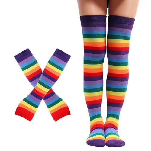 Kniestrümpfe Regenbogen Streifen Oberschenkel Hohe Fingerlose Handschuhe Set, Regenbogen Ringelsocken Karneval Kostüm (DE/NL/SE/PL, Alphanumerisch, Einheitsgröße, Regular, Regular, Regenbogenviolett) von Lufdegim