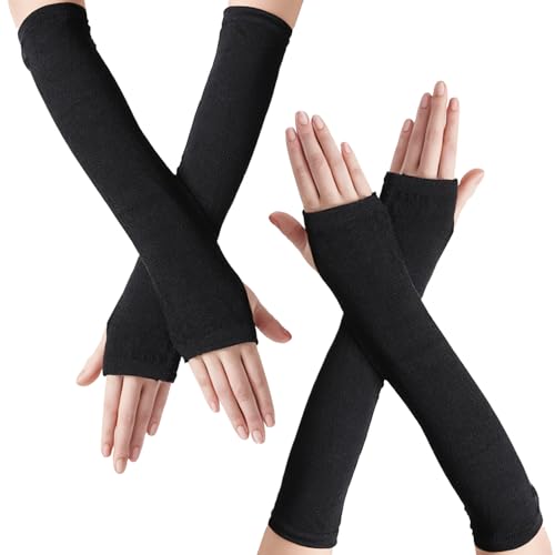 Lufdegim 2 Paar Winter Lange Fingerlose Armstulpen Warme Knit Daumenloch Winterhandschuhe Gestrickt Länge Handschuhe Handstulpen Armstulpen Damen (Schwarz) von Lufdegim