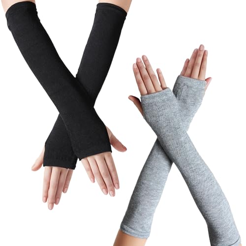 Lufdegim 2 Paar Winter Lange Fingerlose Armstulpen Warme Knit Daumenloch Winterhandschuhe Gestrickt Länge Handschuhe Handstulpen Armstulpen Damen (Schwarz, Grau) von Lufdegim