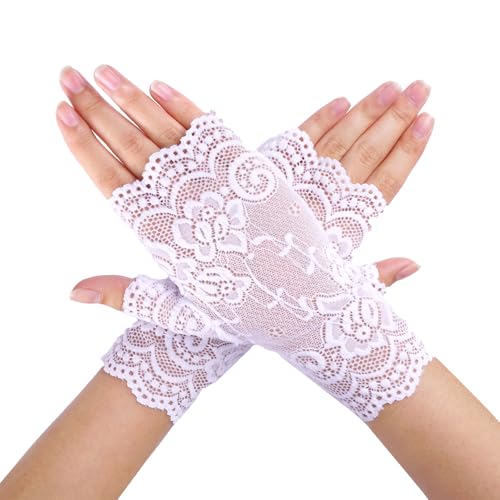 Lufdegim Damen Spitzenhandschuhe Fingerlose Handschuhe Kurze Party Spitze Satin handschuhe Teeparty Braut Hochzeits Oper Tanz Cosplay Kostüm Zubehör Elegante (1, Weiß, 18cm) von Lufdegim