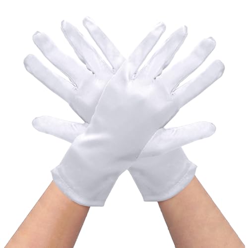 Lufdegim Kurze Satin Handschuhe Damen Kleid Halloween Teeparty Kostüm Hochzeit Brauthandschuhe Opera Handschuh für Party Tanz Kommunion Abendessen Stretch Handschuhe Elegant (Weiß) von Lufdegim