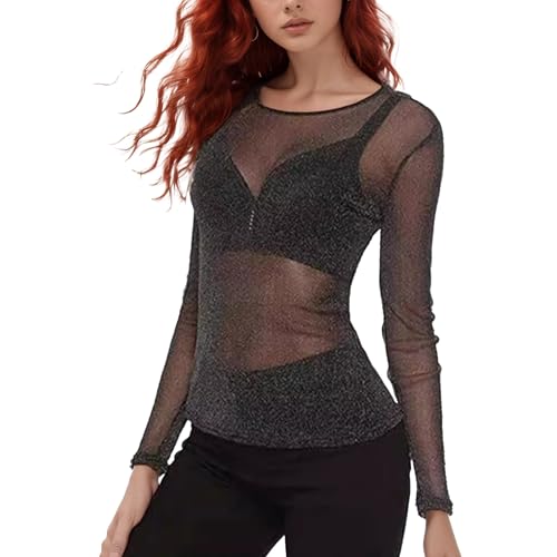Mesh Oberteil Damen, Glitzer Mesh Top Netzoberteil Transparent Langarmshirt Durchsichtige Schwarz Mesh Sheer Oberteile für Clubwear Party (XL) von Lufdegim