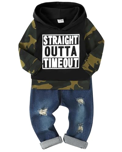 Lufebut Baby Jungen Kleidung Outfit Set Lange Ärmel Letter Print Kapuzenpullover Top + Jeans Hosen 2pcs Kinder Sweatshirt Sets Armeegrün, 6-12 Monate von Lufebut