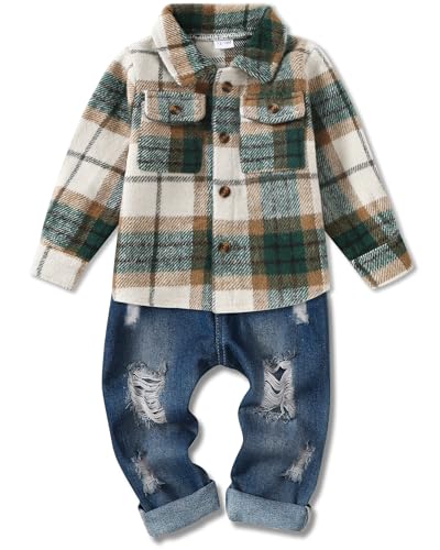 Lufebut Baby Kleidung Jungen Winter Babykleidung Outfit Set Langarm Kariert Top + Hose Bekleidungssets für Kinder Jungen Grün 3-4 Jahre von Lufebut