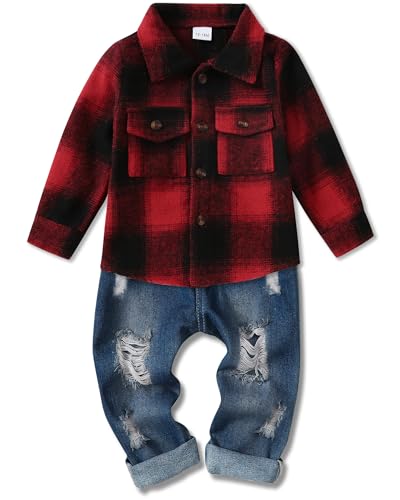 Lufebut Baby Kleidung Jungen Winter Babykleidung Outfit Set Langarm Kariert Top + Hose Bekleidungssets für Kinder Jungen Rot 4-5 Jahre von Lufebut