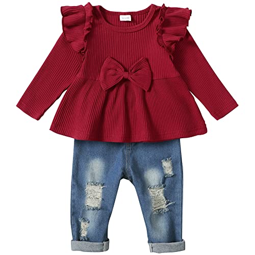 Lufebut Baby-Mädchen Bekleidungssets Rüschen Langarm Top + Jeans Hosen 2tlg Kleinkinder Mädchen Geburtstag Outfit Babykleidung Set Rot, 6-12 Monate von Lufebut