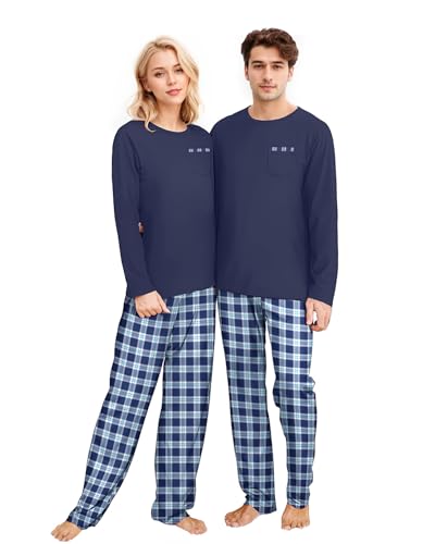 Lufebut Partner Weihnachts Schlafanzug für Paare Zweiteiliger Couples Pyjama Set Lang Briefdruck Weihnachten Nachtwäsche Hausanzug Loungewear Damen, Blau XL von Lufebut