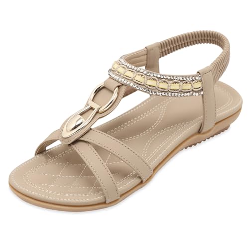 Lufebut Sandalen Damen Sommer Flache Freizeit Sandaletten Schuhe strand mit Weiches Fussbett Rutschfestem Bohemian Zehentrenner Aprikose, 40 EU von Lufebut