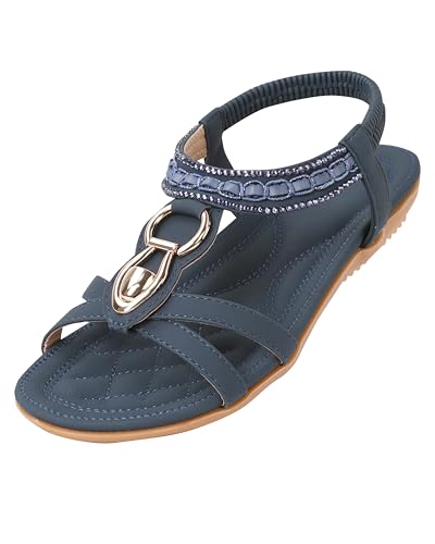 Lufebut Sandalen Damen Sommer Flache Freizeit Sandaletten Schuhe strand mit Weiches Fussbett Rutschfestem Bohemian Zehentrenner Marineblau, 41 EU von Lufebut
