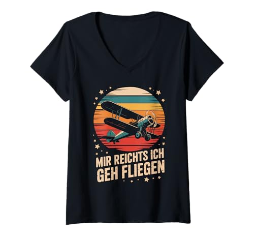 Damen Mir Reichts Ich GEH Fliegen Retro Biplan T-Shirt mit V-Ausschnitt von Luftfahrt Retro Biplan Vintage Aviator