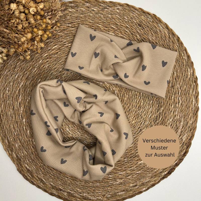 Set, Stirnband Und Loop Aus Ribjersey, Knotenstirnband, Haarband, Twist, Herzen, Zitrone, Blume, Leo, Muster Set, Stirnband Und Loop Aus Ribjersey, Knotenstirnband, Haarband, Twist, Herzen, Zitrone, Blume, Leo, Muster von Luibu