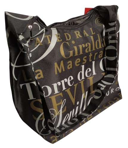 Luis Domínguez souvenirs Schwarze Stofftasche verziert mit silbernen und goldenen Texten von Sehenswürdigkeiten in Sevilla., Schwarz von Luis Domínguez souvenirs