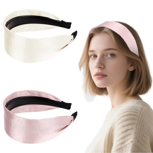 Luixenir 2 Stück breite Stirnbänder aus Seidensatin, Stirnbänder mit Innenzähnen, einfarbig, rutschfest, Haarschmuck für Damen und Mädchen von Luixenir