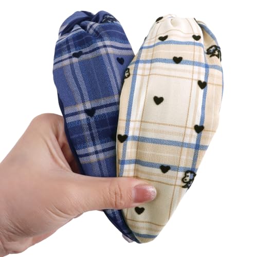 Luixenir 2 Stück klassische Kopfbänder mit Gittermuster, breite Stirnbänder mit niedlichem Herzmuster, rutschfeste Haarbänder für dickes/dünnes Haar, modischer Haarschmuck für Damen und Mädchen von Luixenir