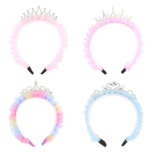 Luixenir 4 Stück mehrfarbige Prinzessinnenkronen-Stirnbänder mit glänzenden Strasssteinen, niedliche Tüll-Tiaras, Geburtstag, Mädchen, Stirnbänder, Party, Fee, Kostüm, Haarschmuck von Luixenir