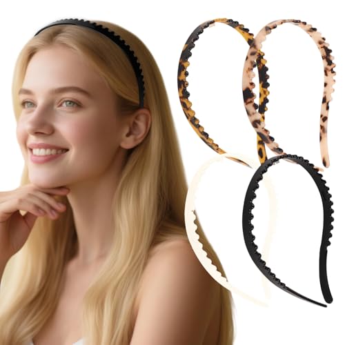Luixenir Acetat-Stirnbänder für Damen, modisch, dünn, mit Leopardenmuster und Innenzähnen, Kunststoff-Haarreifen, stilvolles und bequemes Haar-Accessoire, 4 Stück von Luixenir