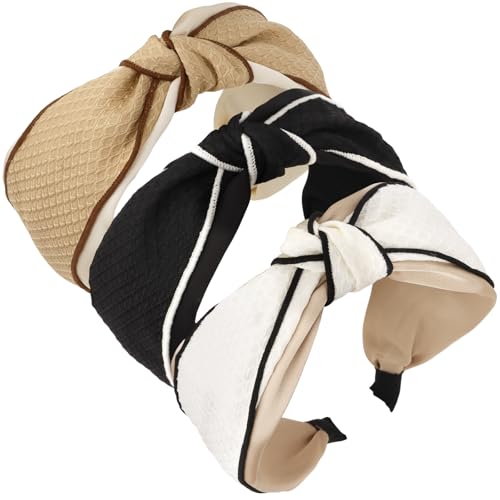 Luixenir Breite Stirnbänder für Damen, 3 Stück, geknotete Stirnbänder mit Waffelmuster, oberer Knoten, elastisch, modisch, rutschfest, Haarschmuck für Damen und Mädchen von Luixenir