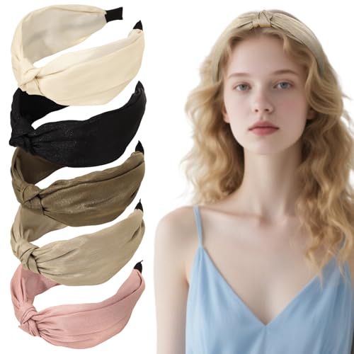 Luixenir Breite Stirnbänder für Damen, 5 Stück, geknotet, elastisch, modisch, einfarbig, rutschfest, Haarschmuck für Damen und Mädchen von Luixenir