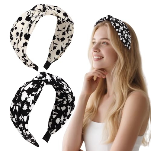 Luixenir Haarbänder für Damen und Mädchen, Blumendruck, geknotet, weicher Stoff, breite Stirnbänder, rutschfest, 2 Stück von Luixenir