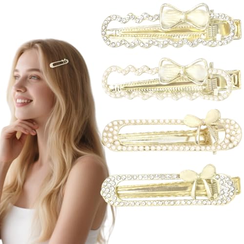Luixenir Haarspangen mit Entenschnabel für Damen und Mädchen, Haarspangen mit glänzenden Strasssteinen und eleganten Perlen, Metall-Haarspangen mit niedlichem Schleifen-Design, sicheres und von Luixenir