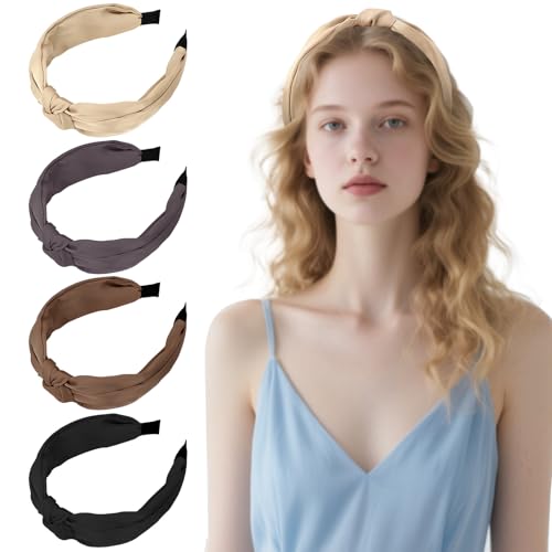 Luixenir Modische Haarbänder für Damen und Mädchen, Stoff, einfarbig, geknotet, dehnbar, breite Haarbänder, rutschfest, Haar-Accessoires, 4 Stück von Luixenir