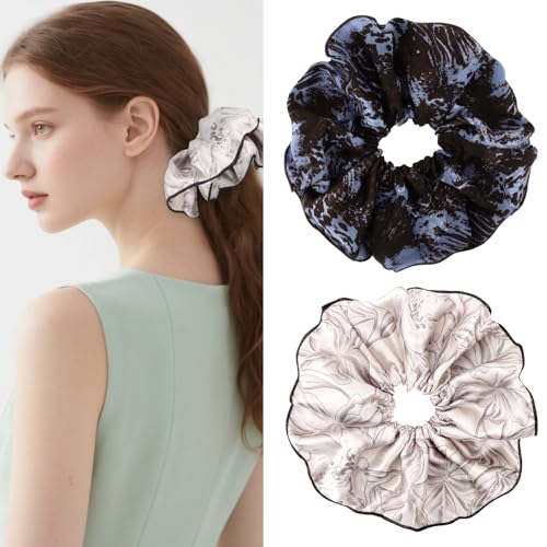 Luixenir Modische Seiden-Haargummis mit Blumendrucken für Damen, groß, Vintage-Satin-Haargummis für Haare, elastische Haarbänder, Pferdeschwanz-Halter, weiche und seidige Haargummis, Haar-Accessoires von Luixenir