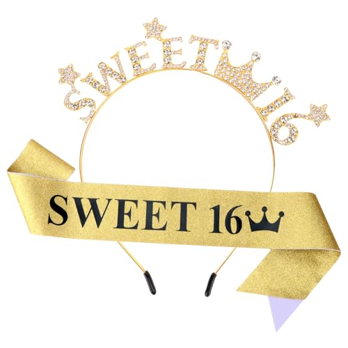 Luixenir Süße Schärpe zum 16. Geburtstag und Diadem zum 16. Geburtstag, goldene Kristallkrone, Dekoration und Partyzubehör für Mädchen von Luixenir