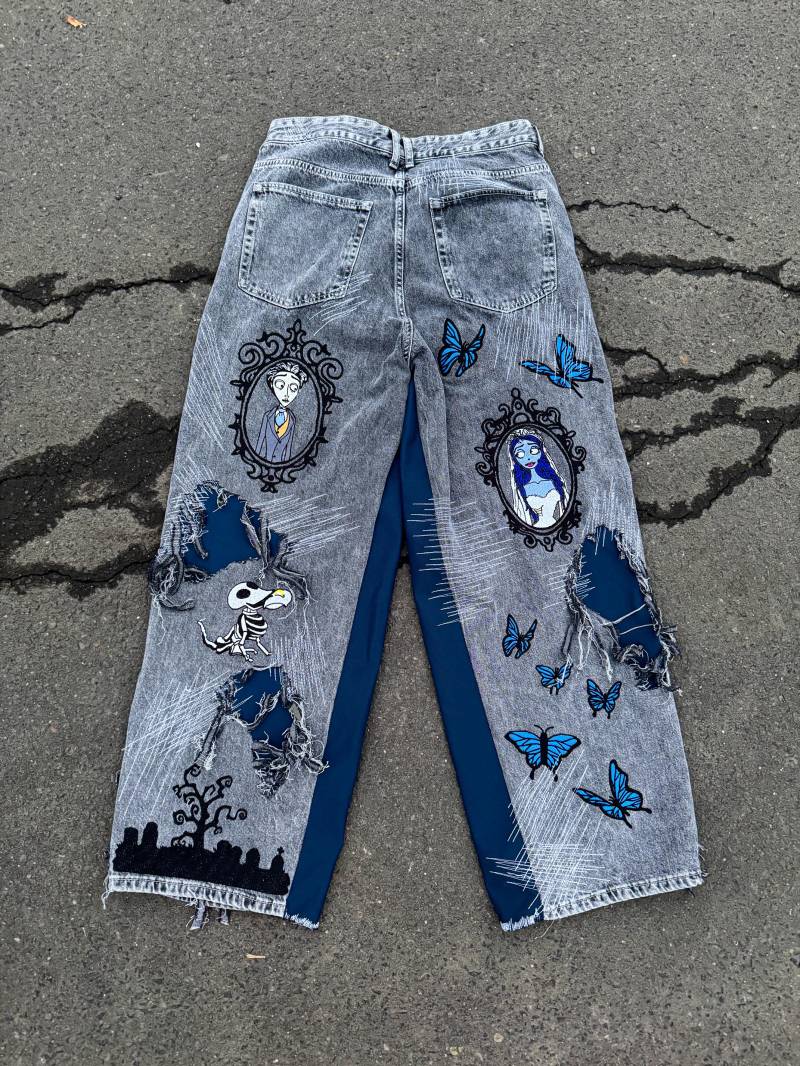 Custom Corpse Bride - Handgemachte 1-Of-1 Jeans Bestickt Baggy Streetwear von ProtoArchive