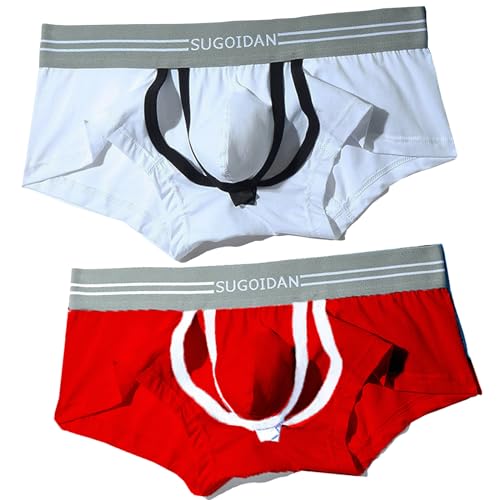 Lukione 2 Stücke Herrenunterwäsche Boxershorts Atmungsaktiv Sexy Jockstrap Unterhosen Weiß & Rot für Boyfriend Männer, M von Lukione