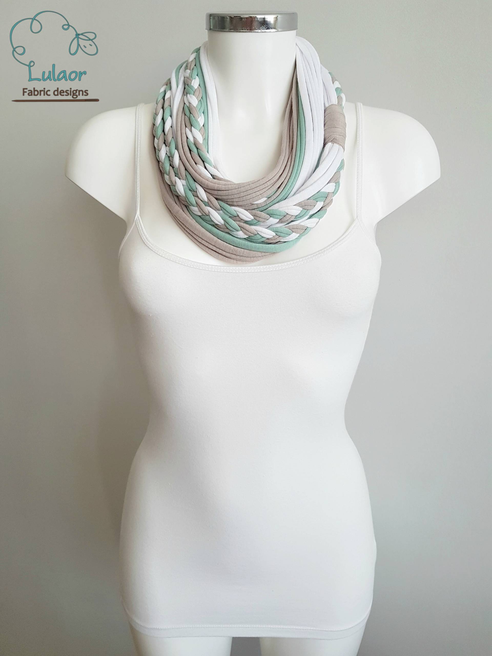 T-Shirt-Schal, T Shirt Unendlichkeit Schal, Schleife Stoff Baumwoll-Stoff-Schal, Dünnen Frauen Grün Beige Weißen Schal von Lulaor