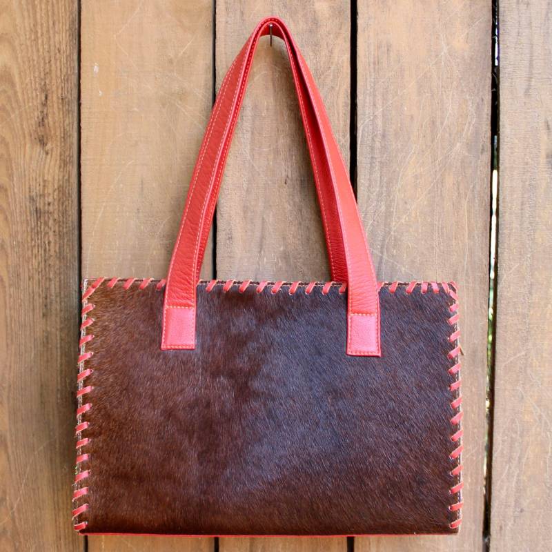 Abrufen Bolso Tote - Orangerot, Whipstitched Leder, Kurze Haare Rindsleder Front Bunten Handgestempelt von LuloTexas