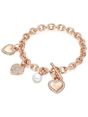 Lulu Jane Damen Armband Messing roségold Zirkonia weiß rund Muschelkernperle 8 mm weiß Herz Perlenarmband von Lulu & Jane