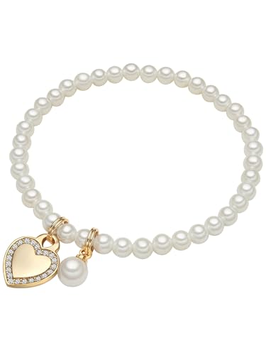 Lulu Jane Damen Armband aus Messing mit rund Muschelkernperle ca. 4,0 mm Zirkonia Perlenarmband Herz weiß von Lulu & Jane
