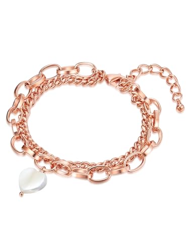 Lulu & Jane Damen Armband aus Messing rosévergoldet 14 Karat mit Perlmutt Perlenarmband 2-reihig von Lulu & Jane