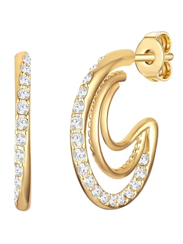 Lulu Jane Damen Creolen aus Metall gelbvergoldet 14 Karat verziert mit Kristallen weiß von Lulu & Jane