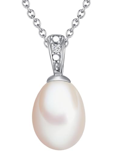 Lulu Jane Damen Kette aus 925/- Sterling Silber mit tropfenförmig Süßwasser-Zuchtperle ca. 7,0 mm Diamant 0,1 Karat Diamanthalskette silber von Lulu & Jane