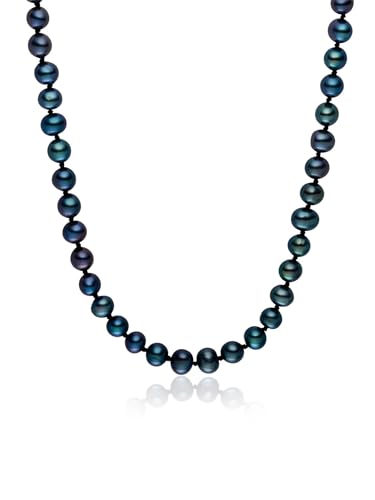 Lulu & Jane Damen Kette aus Messing mit potato Süßwasser-Zuchtperle ca. 6-6,5 mm Perlenhalskette blau von Lulu & Jane