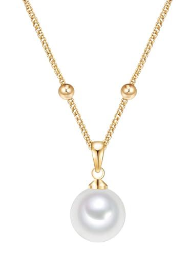 Lulu Jane Damen Kette aus Messing mit rund Muschelkernperle ca. 9 mm Perlenhalskette gelbgold von Lulu & Jane