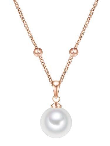Lulu Jane Damen Kette aus Messing mit rund Muschelkernperle ca. 9 mm Perlenhalskette roségold von Lulu & Jane