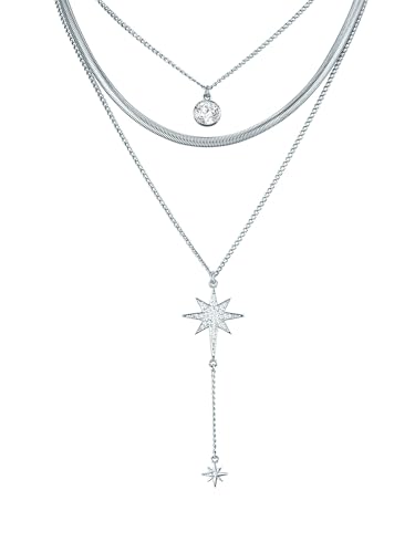 Lulu Jane Damen Kette aus Metall-Legierung mit Glas Modeschmuckhalskette 3-reihig Stern silber von Lulu & Jane
