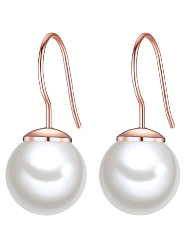 Lulu Jane Damen Ohrhänger Metall-Legierung roségold rund Muschelkernperle 10 mm weiß Perlenohrhänger von Lulu & Jane