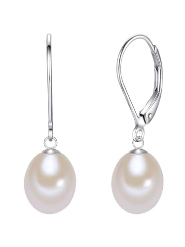 Lulu Jane Damen Ohrringe aus 925/- Sterling Silber mit tropfenförmig Süßwasser-Zuchtperle ca. 8-9 mm Perlenohrcreolen silber von Lulu & Jane