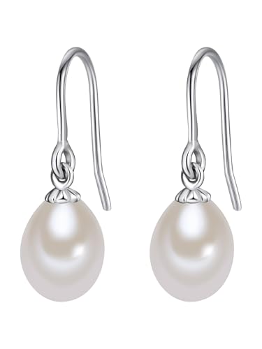 Lulu Jane Damen Ohrringe aus 925/- Sterling Silber mit tropfenförmig Süßwasser-Zuchtperle ca. 8-9 mm Perlenohrhänger silber von Lulu & Jane