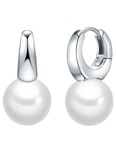 Lulu Jane Damen Ohrringe aus Messing mit rund Muschelkernperle ca. 12 mm Perlenohrcreolen silber von Lulu & Jane