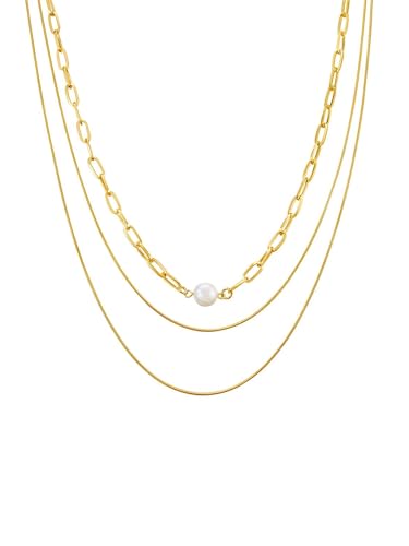 Lulu Jane Damen Perlenhalskette Metall-Legierung gelbgold Linse Muschelkernperle 9,9 mm 2er Set Kette 2-reihig weiß Gliederkette/Schlangenkette von Lulu & Jane