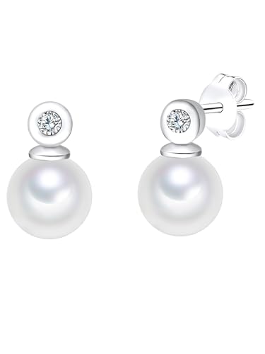Lulu Jane Damen Perlenohrstecker aus 925/- Sterling Silber rhodiniert mit Süßwasser-Zuchtperle weiß ca. 7-8 mm Zirkonia weiß von Lulu & Jane