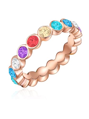 Lulu & Jane Damen Ring Rosévergoldet verziert mit Kristallen bunt - Memoirering Metall Rosegold mit farbigen Steinen von Lulu & Jane